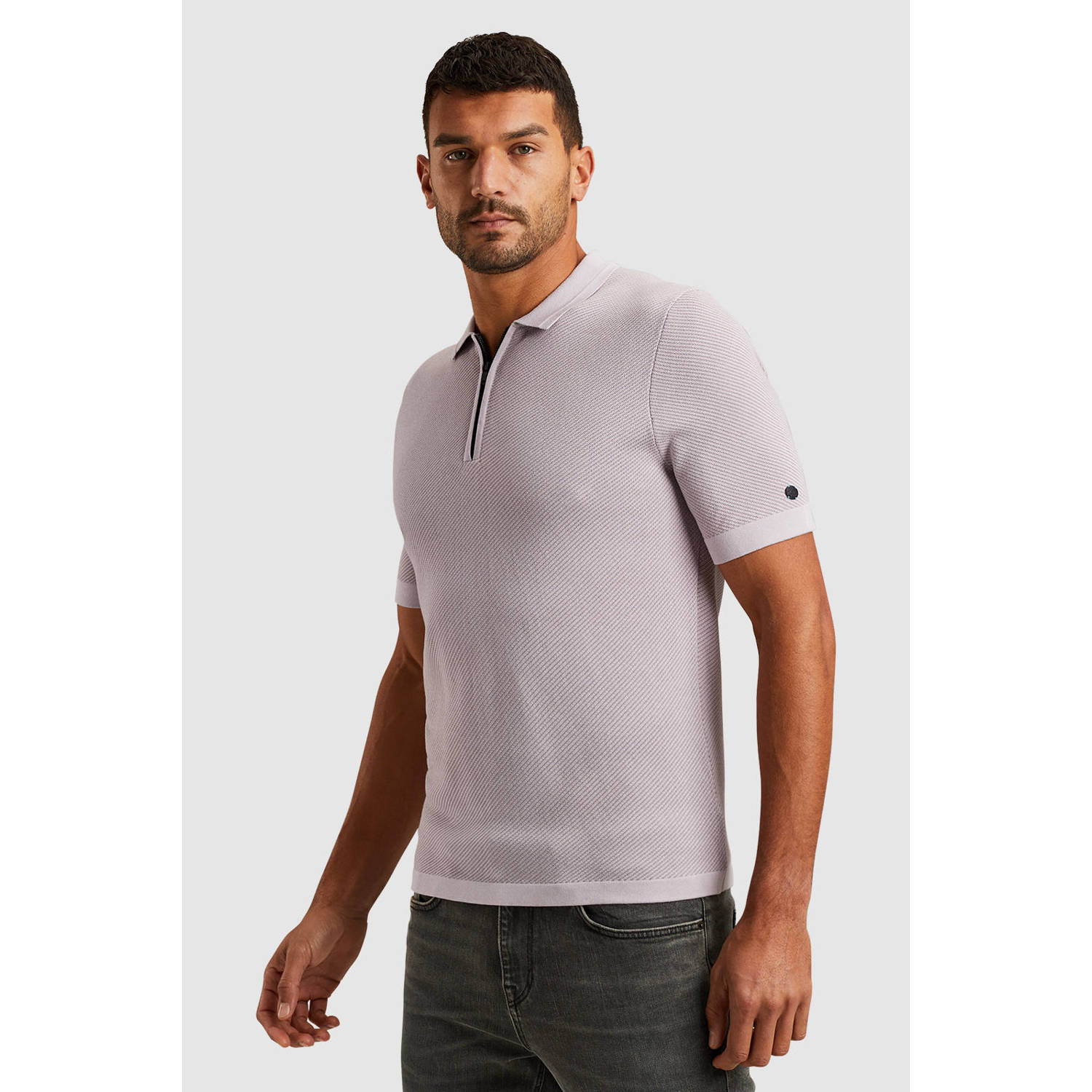 Cast Iron regular polo met ingebreid patroon roze