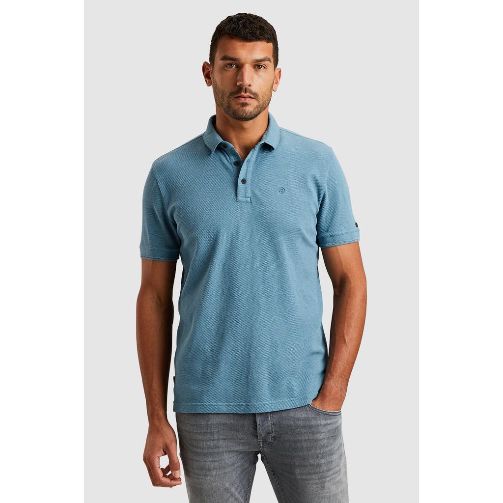 Blauwe heren Cast Iron regular polo van katoen met effen, korte mouwen, klassieke kraag en knoopsluiting