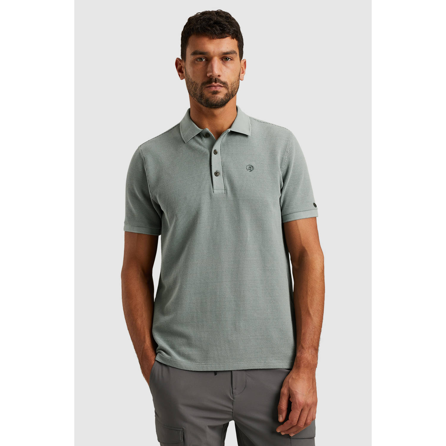 Cast Iron regular polo met ingebreid patroon blauw