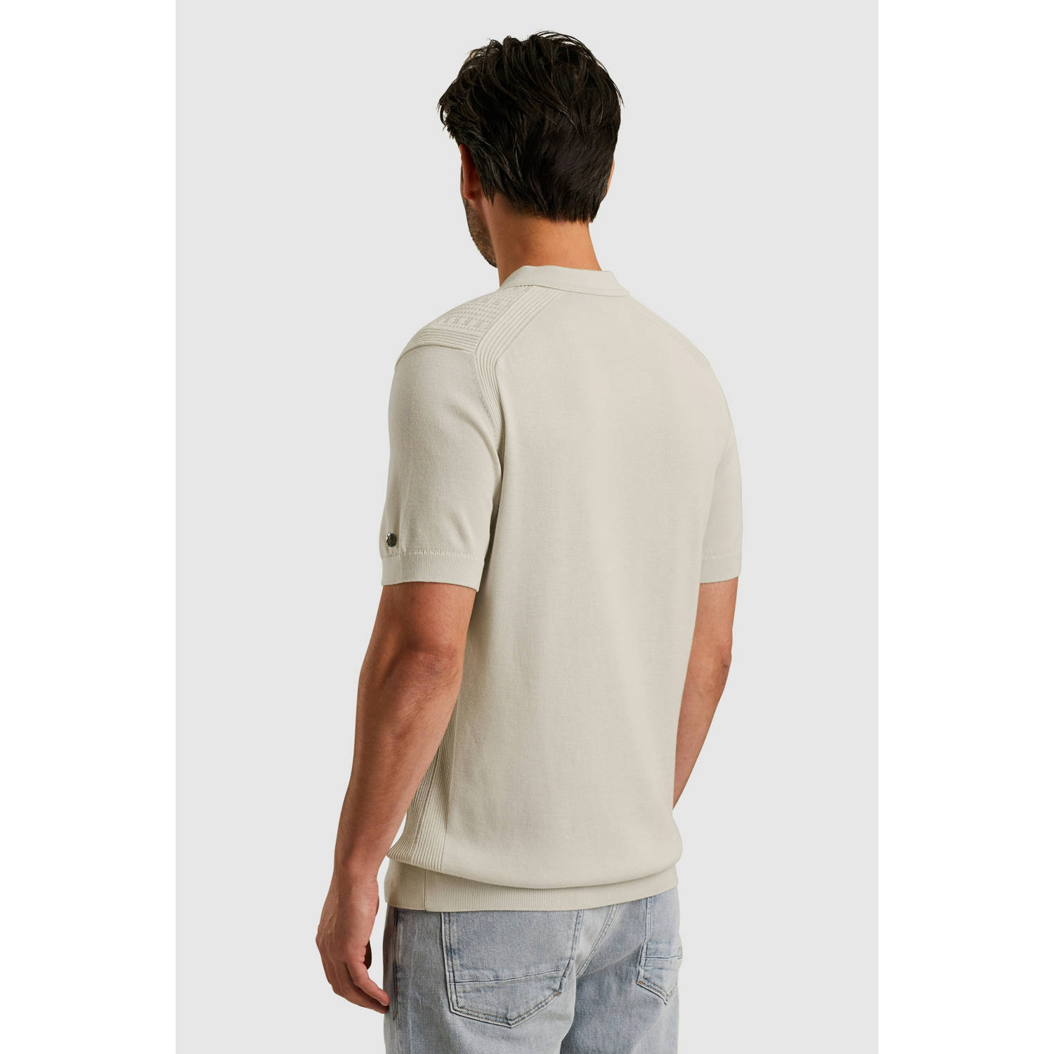 Cast Iron regular polo met ingebreid patroon ecru