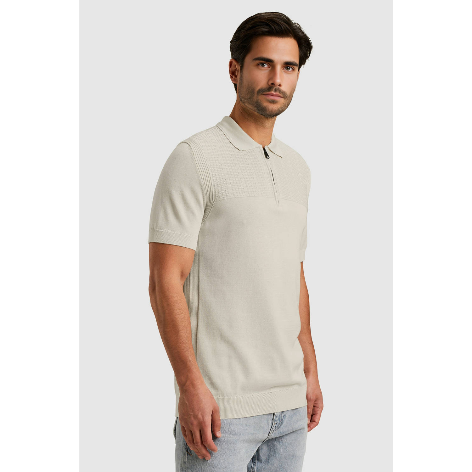 Cast Iron regular polo met ingebreid patroon ecru
