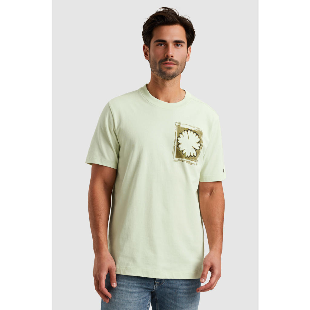 Lichtgroene heren Cast Iron T-shirt van katoen met printopdruk en korte mouwen