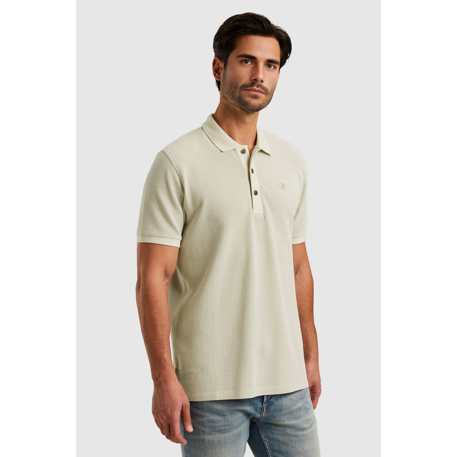 Cast Iron regular polo met ingebreid patroon grijs
