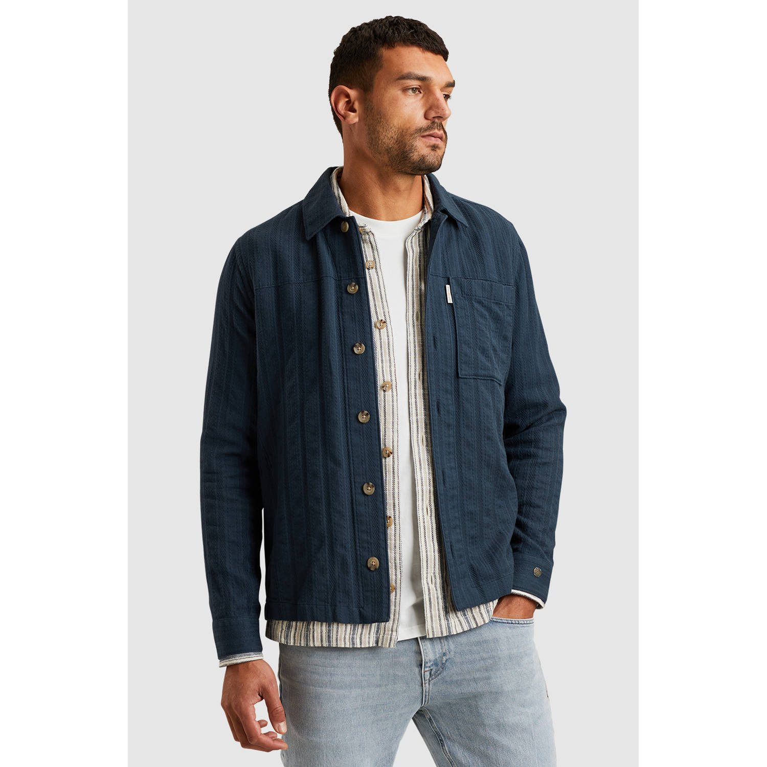 Cast Iron Sweater Overshirt Dobby Stripe Navy