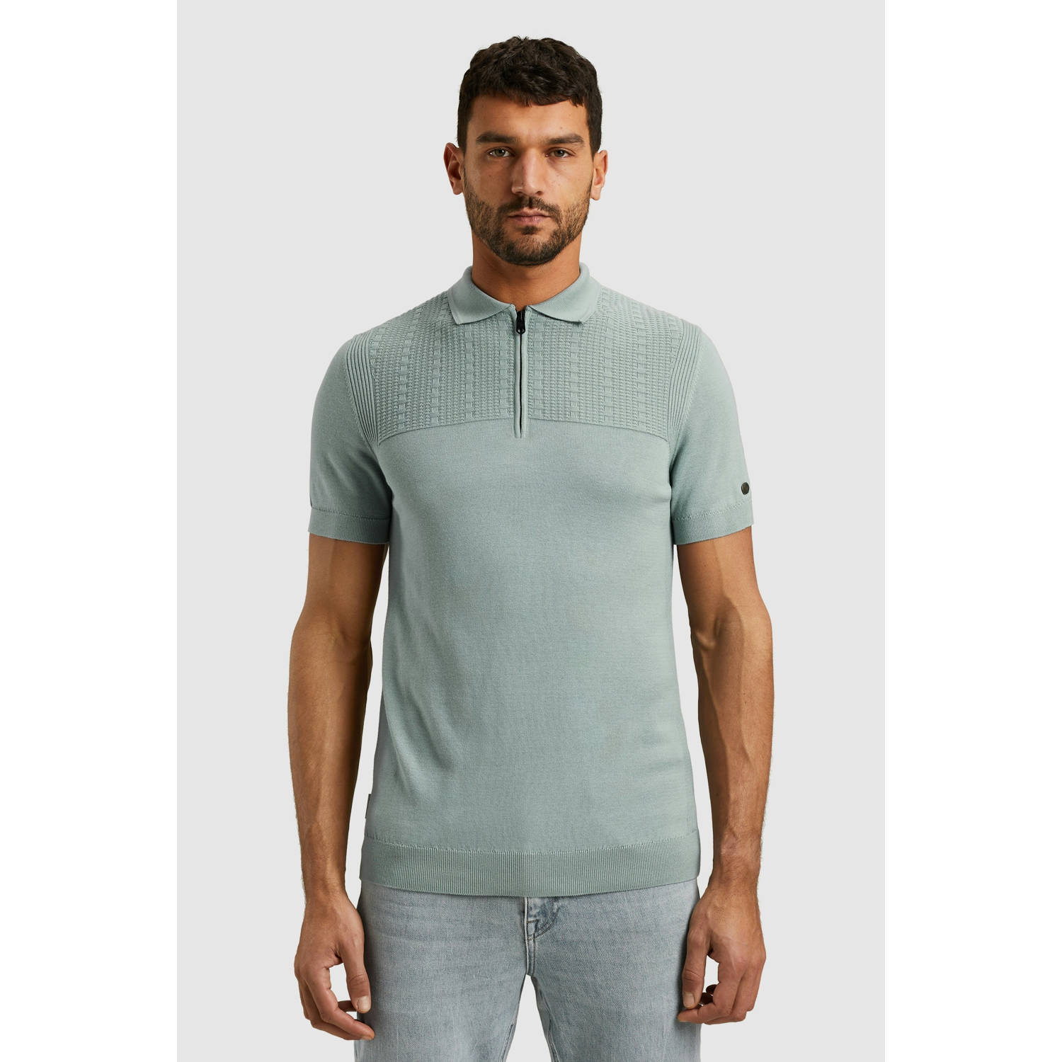 Cast Iron regular polo met ingebreid patroon grijsgroen