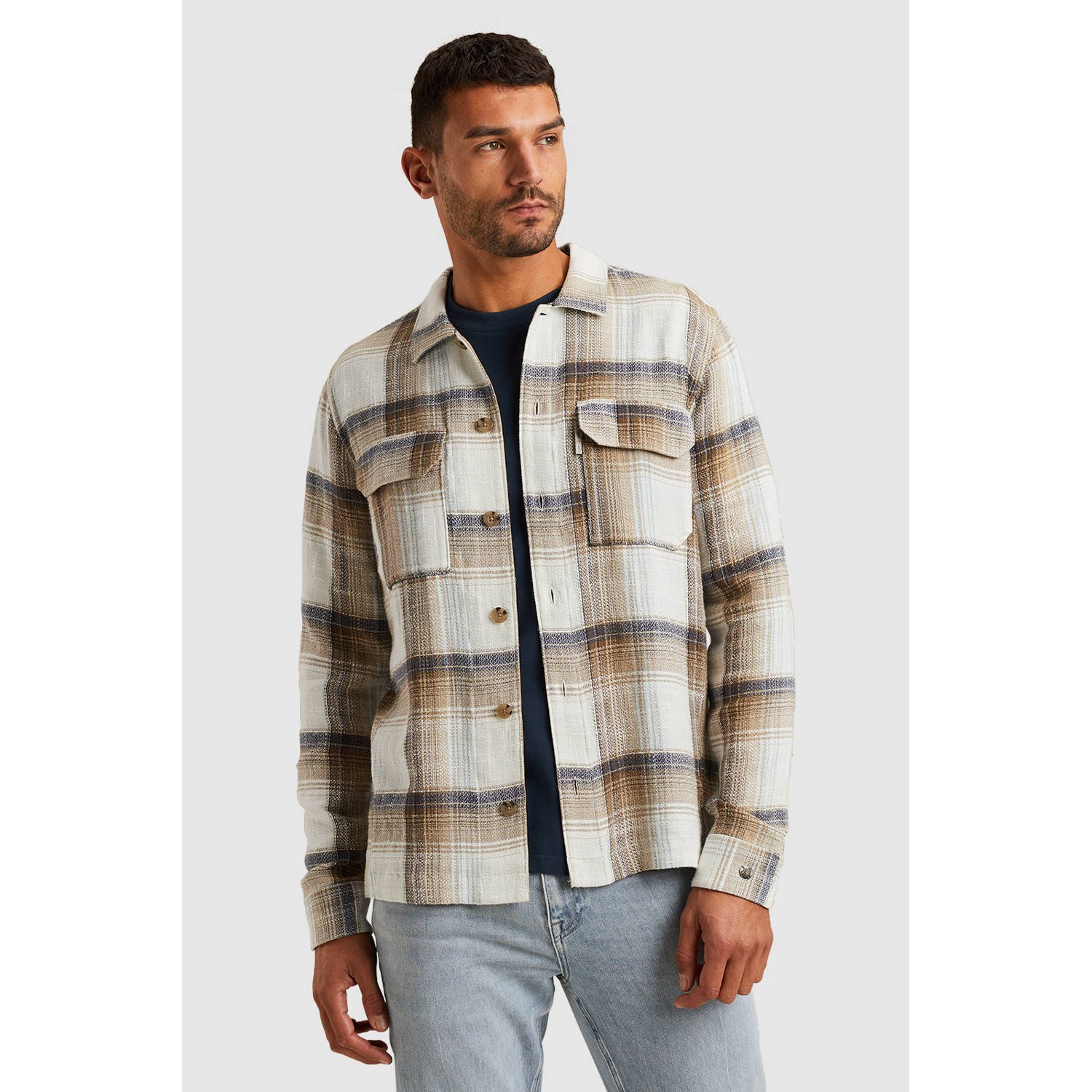 CAST IRON Heren Overshirts Long Sleeve Shirt Slub Check Zand