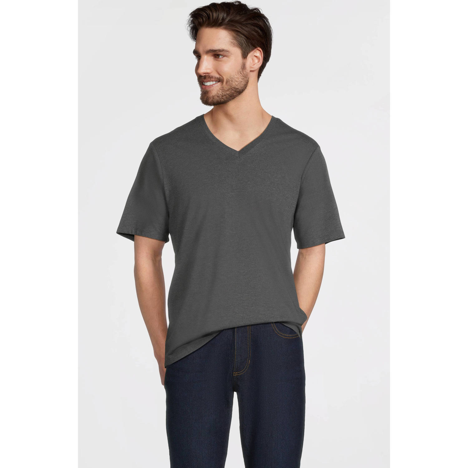 Anytime T-shirt met V-hals donkergrijs melange