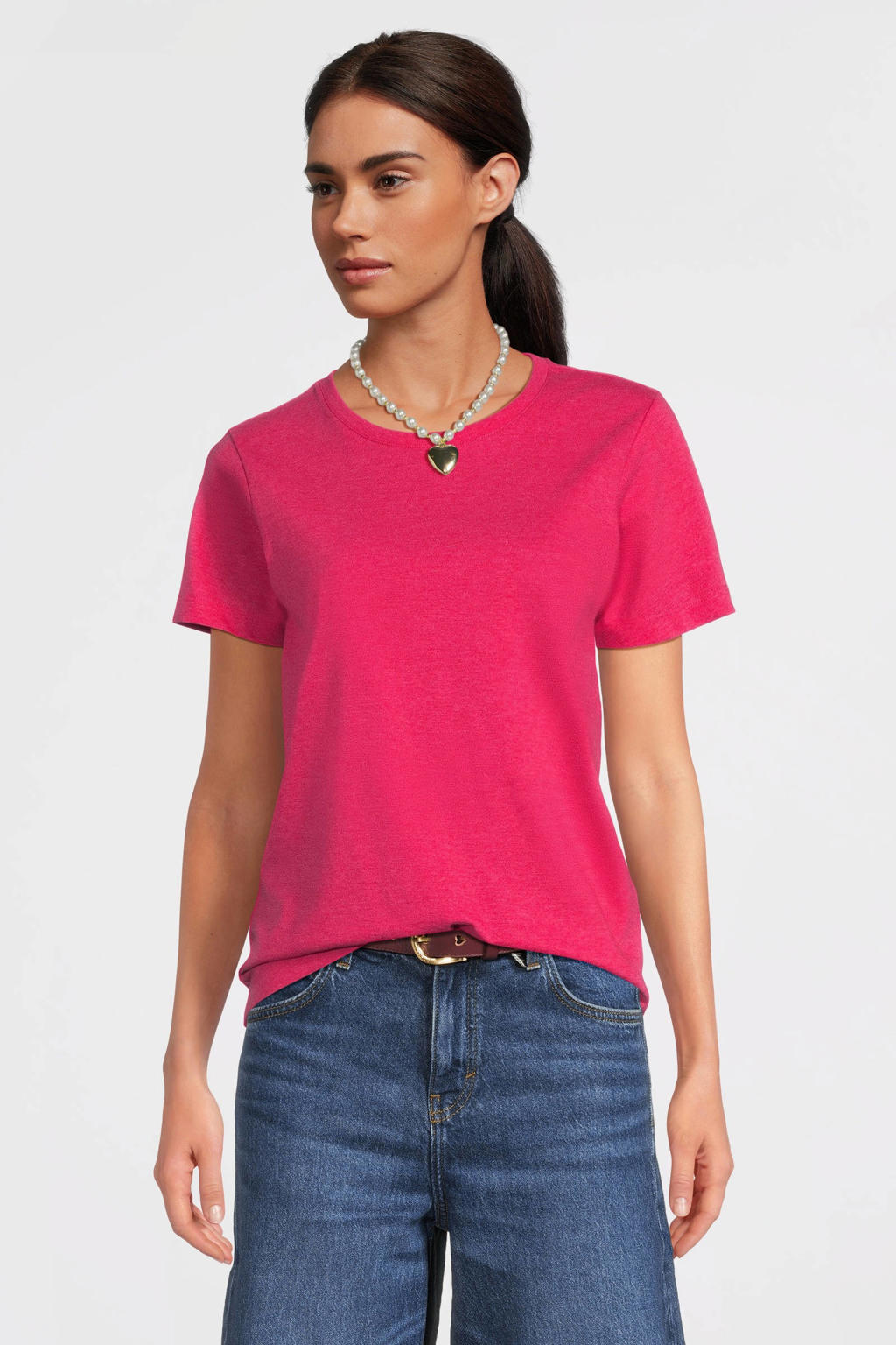 Roze dames Anytime T-shirt melange van katoen met effen, korte mouwen en ronde hals