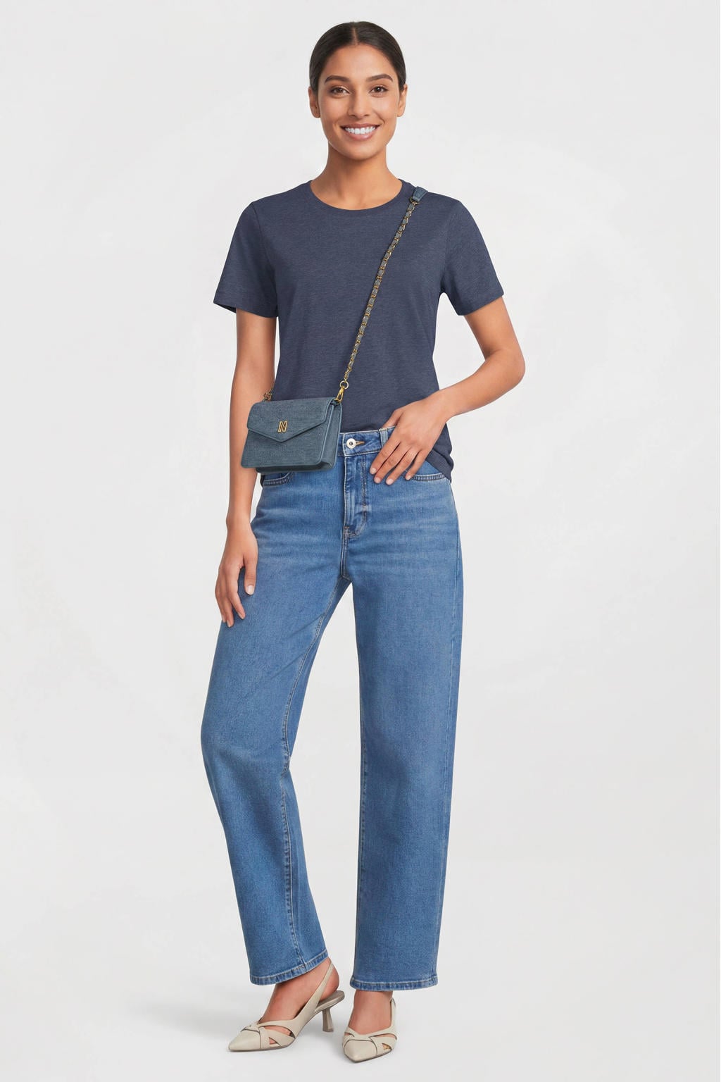Marineblauw dames Anytime T-shirt melange van katoen met effen, korte mouwen en ronde hals