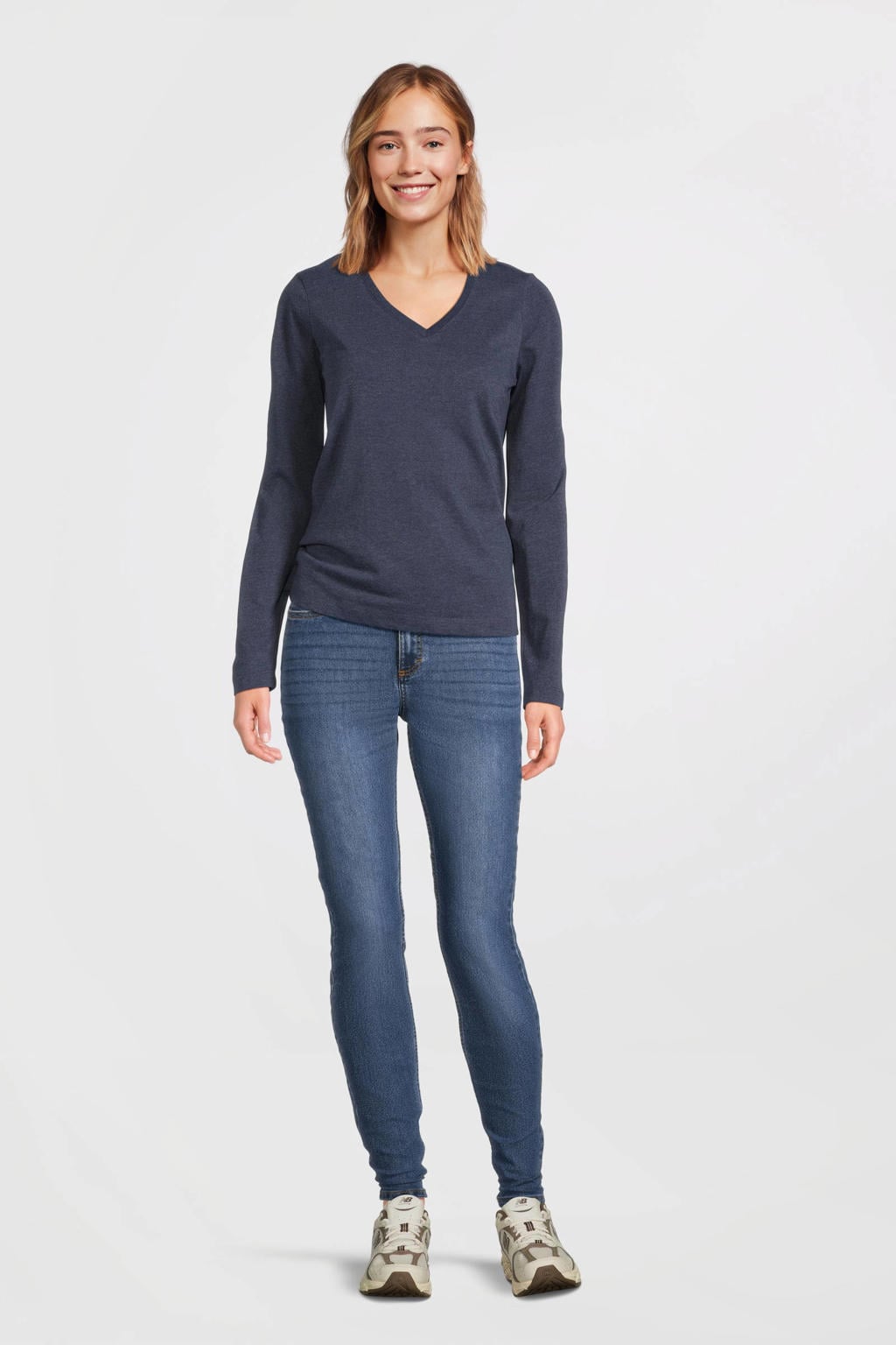 Marineblauw dames Anytime longsleeve melange van katoen met lange mouwen en V-hals