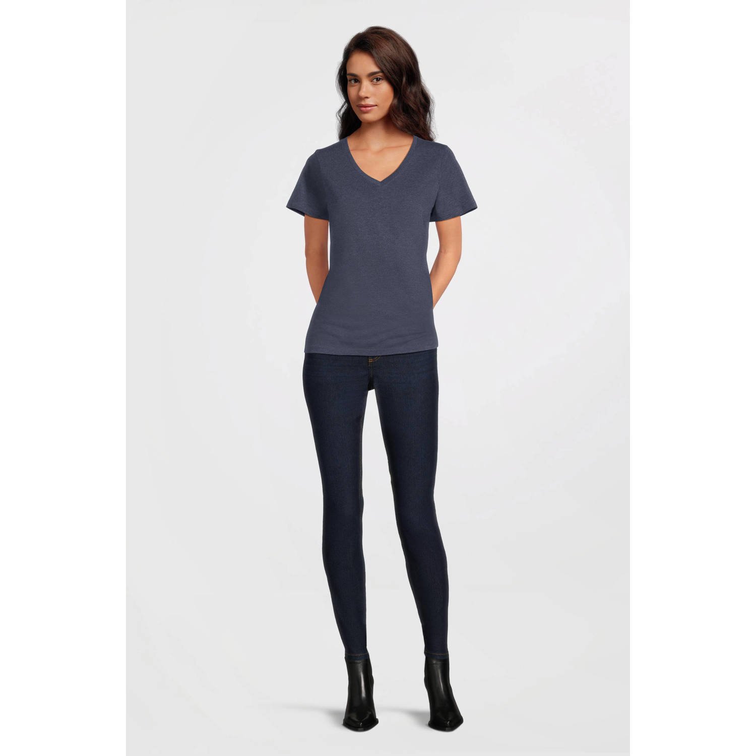 anytime T-shirt met V-hals donkerblauw melange