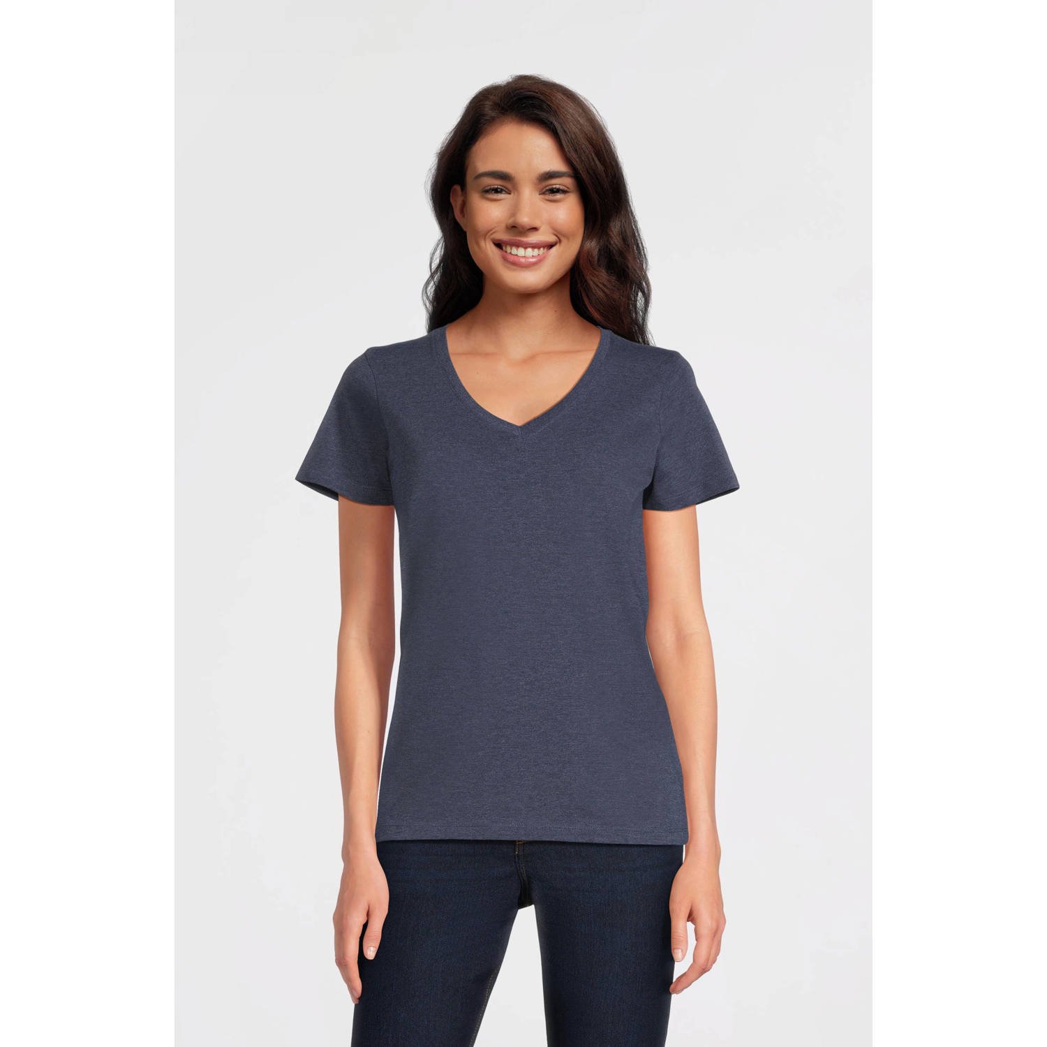 Anytime T-shirt met V-hals donkerblauw melange