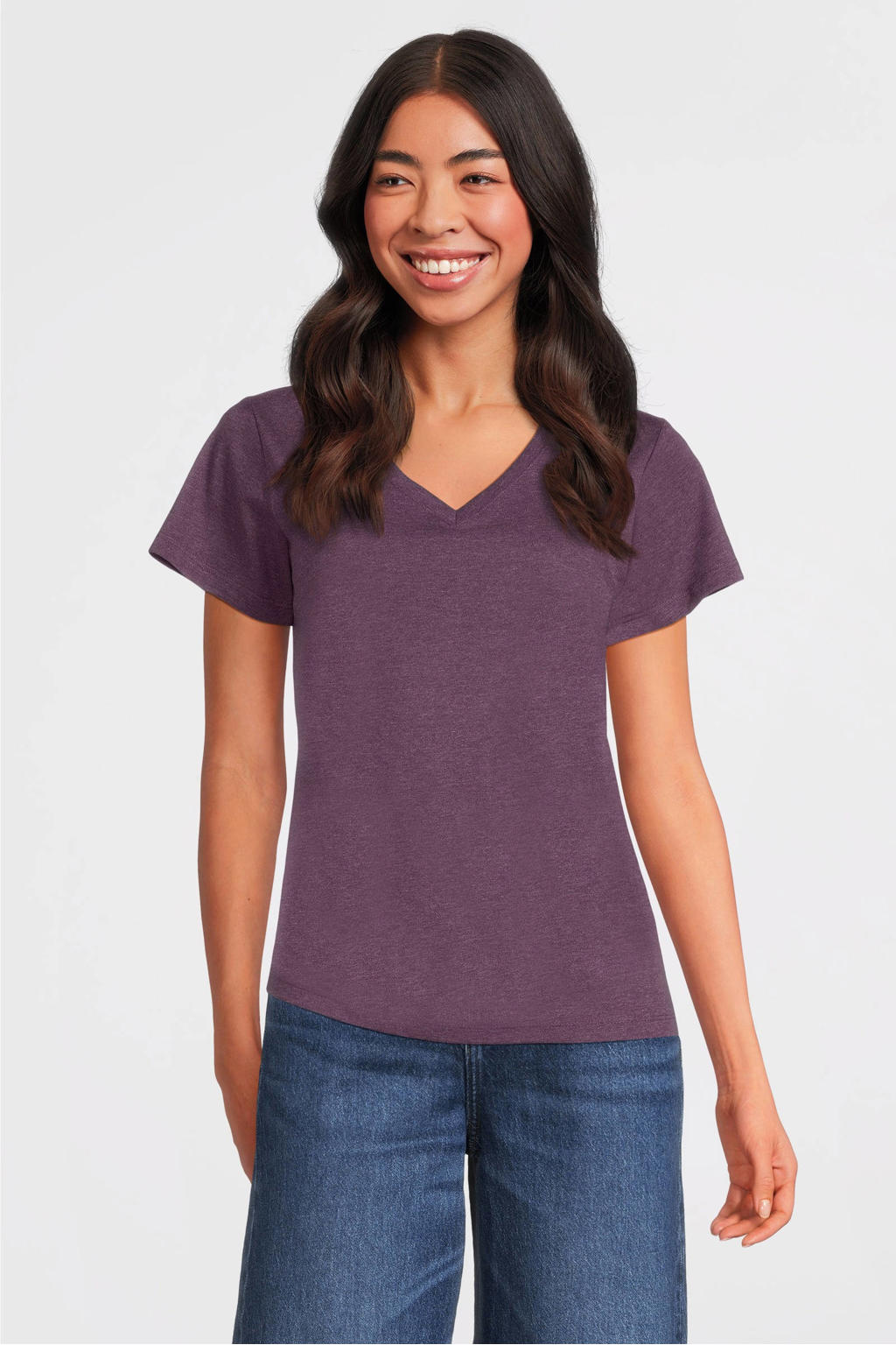 Paarse dames Anytime T-shirt melange van katoen met effen, korte mouwen en V-hals