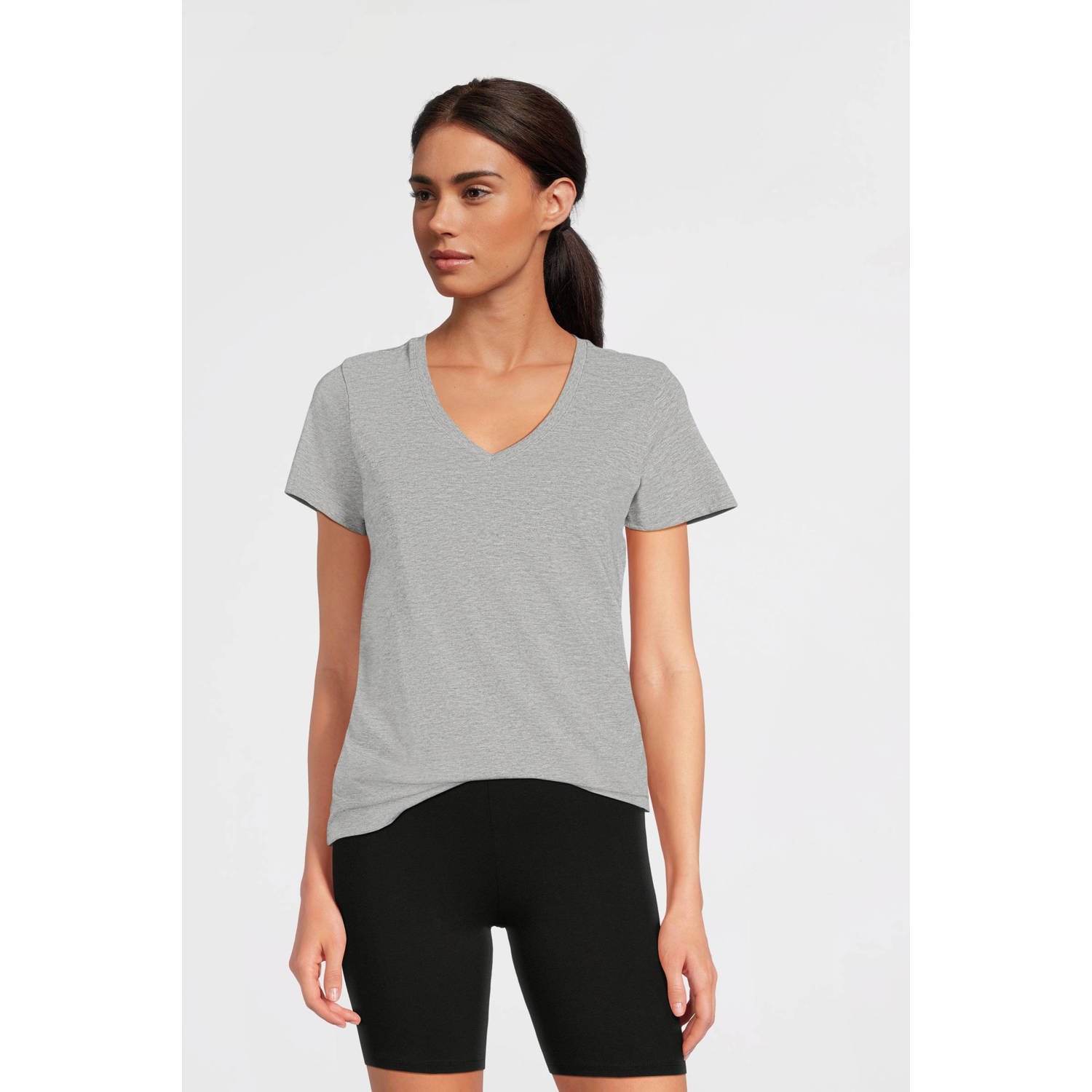 Anytime T-shirt met V-hals grijs melange