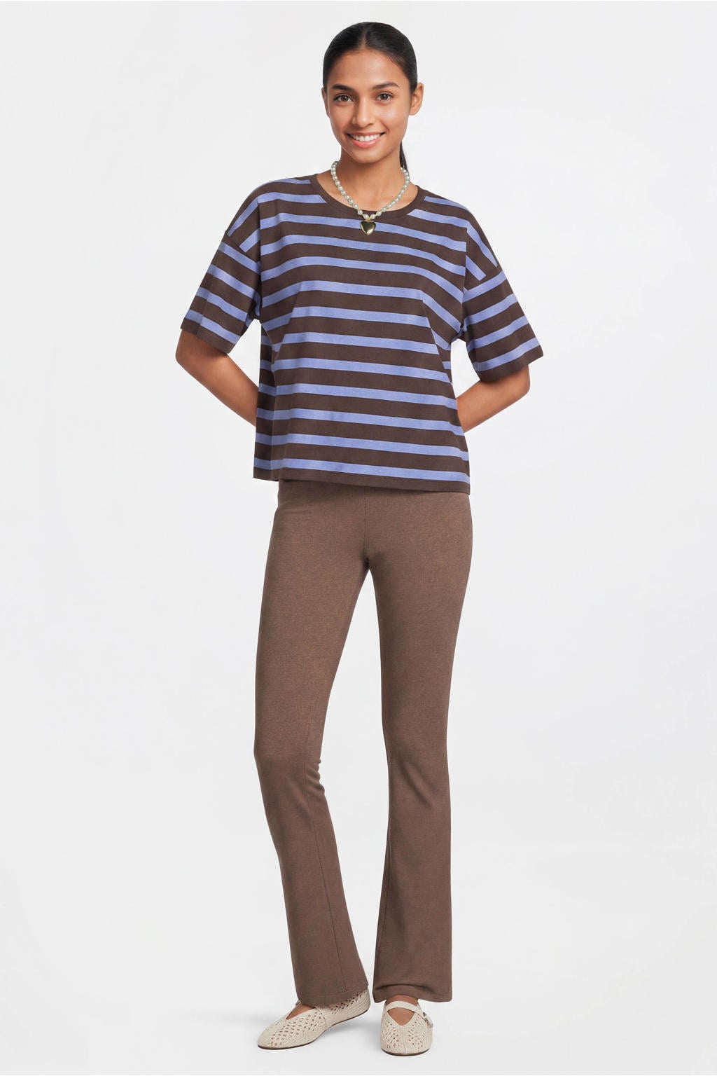 Bruine dames Anytime flared legging melange van katoen met high waist en elastische tailleband