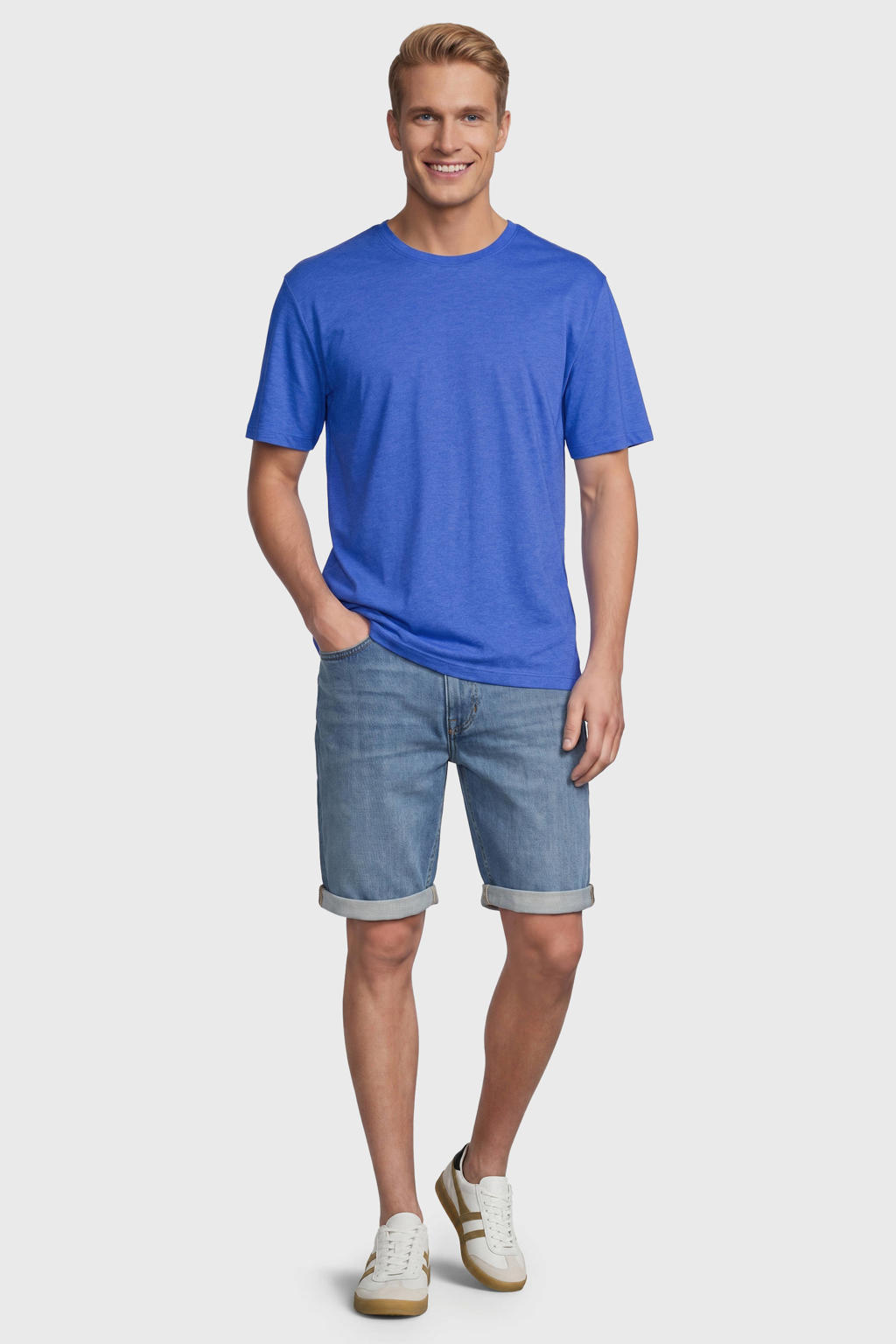 Blauwe heren Anytime regular T-shirt van katoen met melée print, korte mouwen en ronde hals