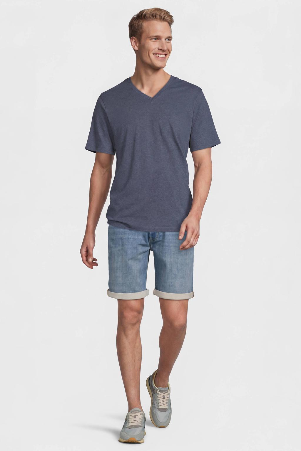 Marineblauw heren Anytime regular T-shirt blauw van katoen met effen, korte mouwen en V-hals