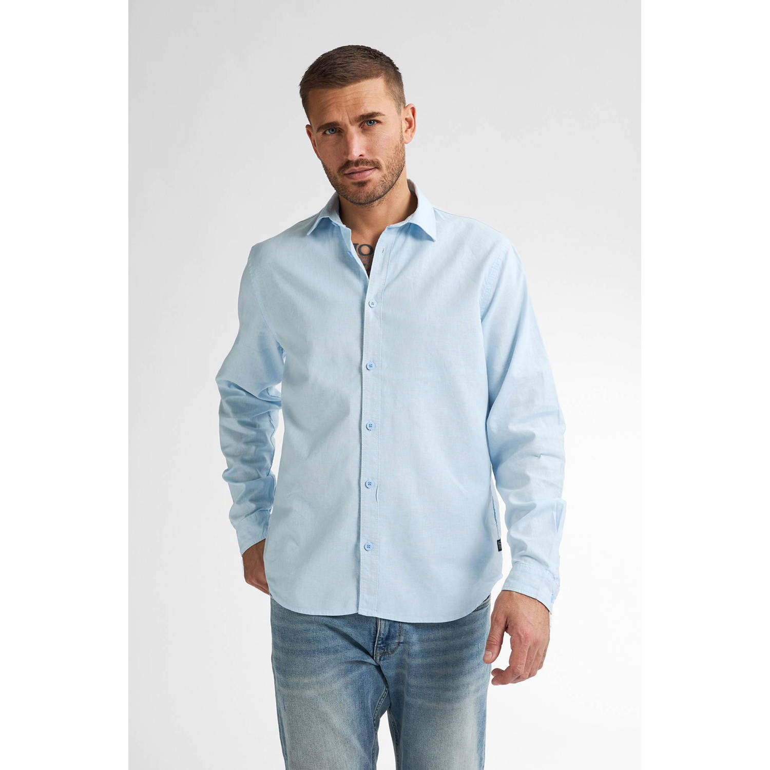 Petrol Industries linnen casual overhemd blauw
