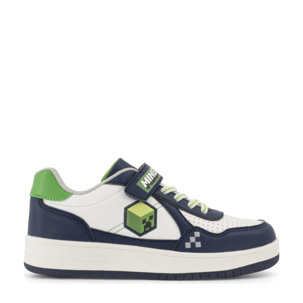 Wit en donkerblauwe jongens Minecraft sneakers van imitatieleer met elastische veter- met klittenbandsluiting