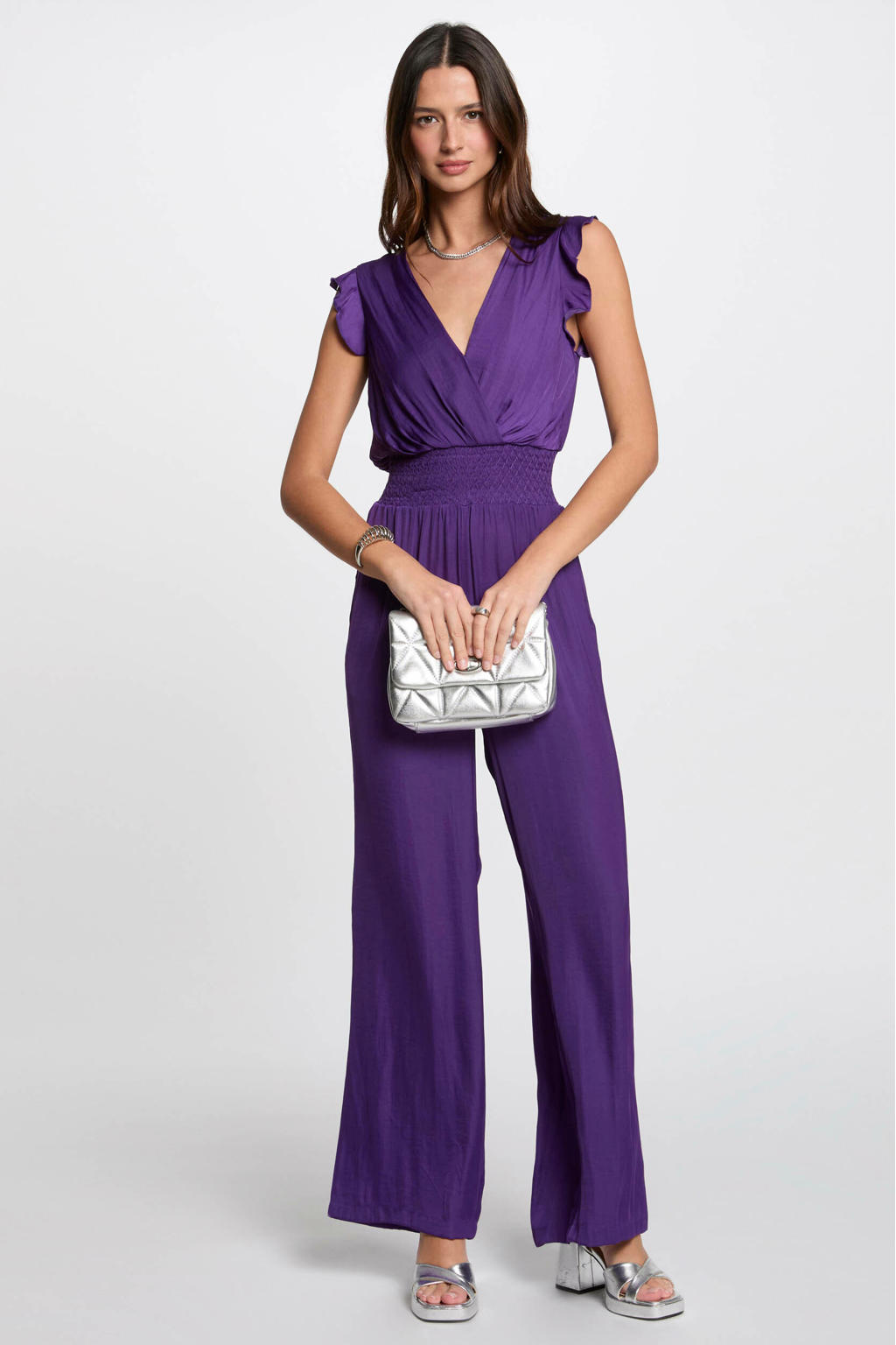 Paarse dames Morgan jumpsuit van polyester met effen, V-hals, blinde ritssluiting en ruches