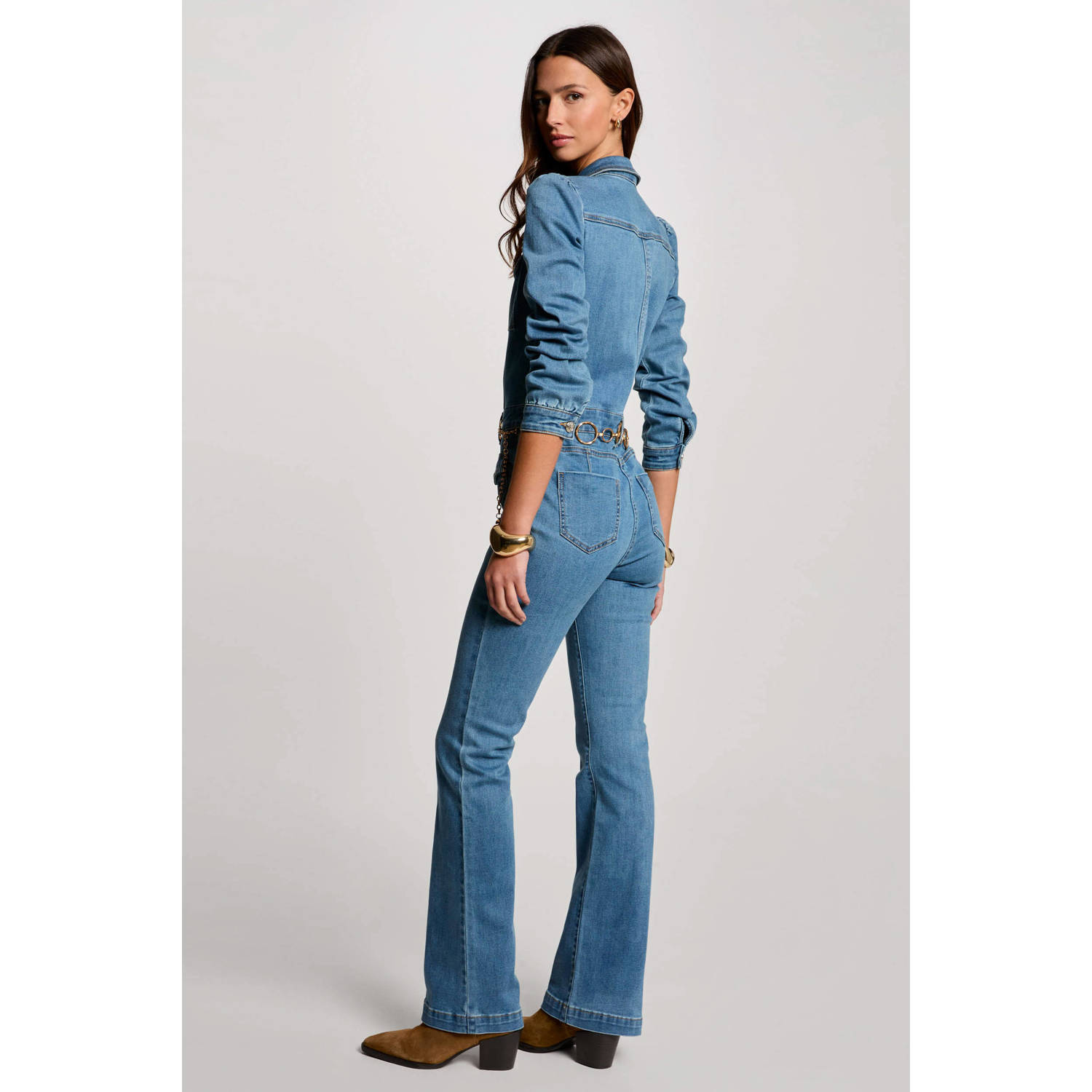 Morgan denim flared jumpsuit medium blue denim