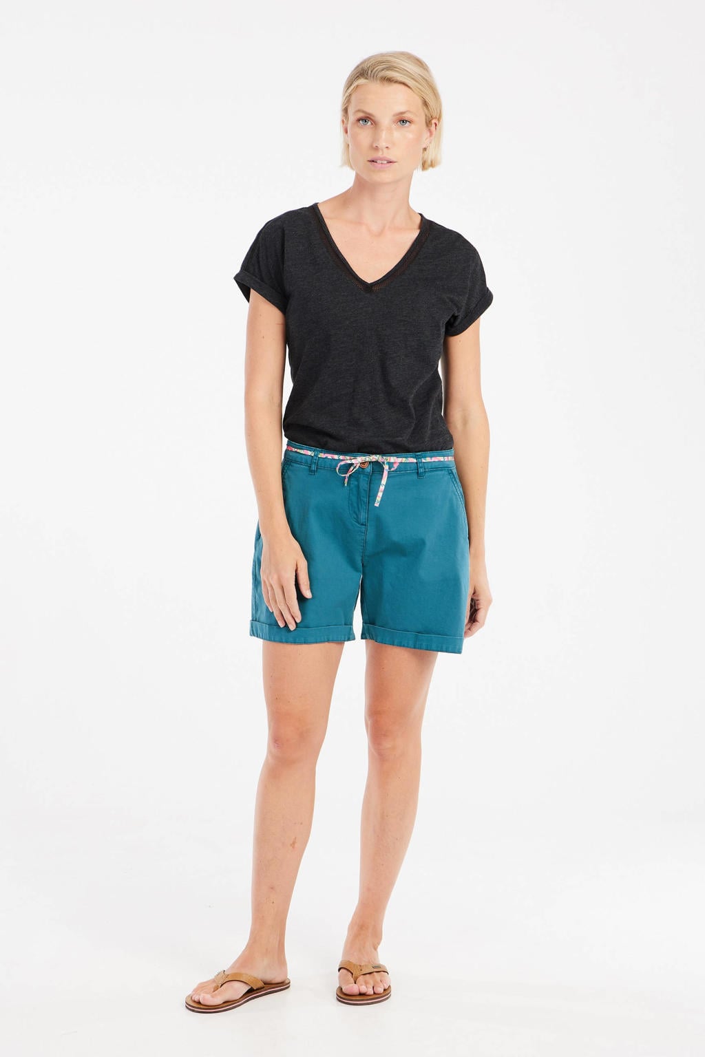 Petrolkleurige dames Protest straight regular waist casual short van katoen met rits- en knoopsluiting en effen