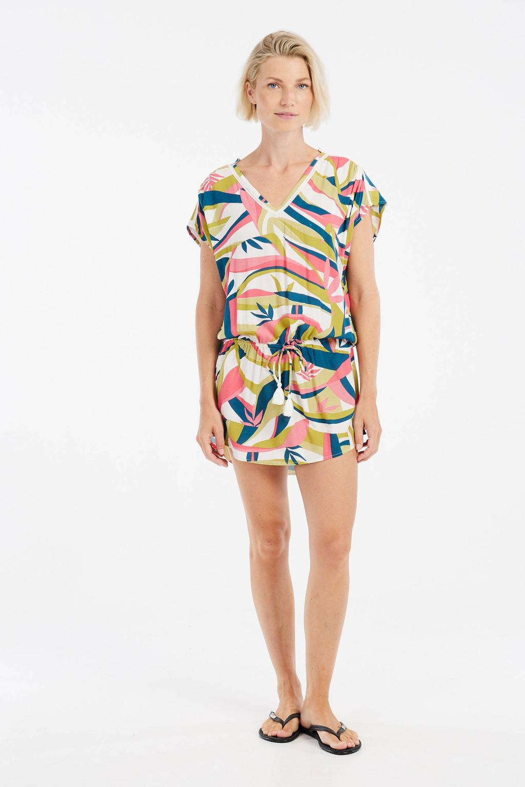 Multikleurige dames Protest korte jurk van viscose met korte mouwen, V-hals en elastische tailleband met koord
