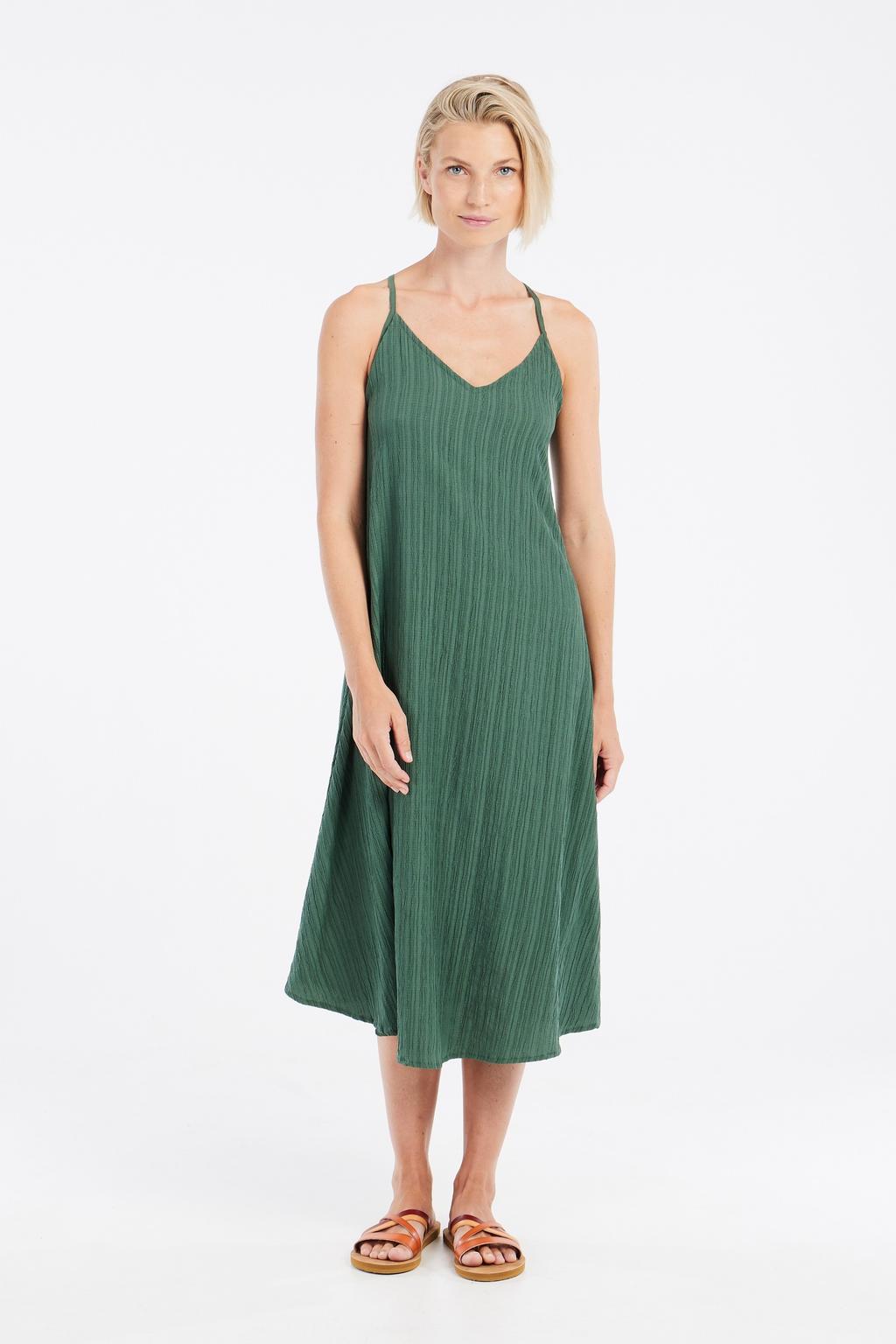 Olijfgroene dames Protest midi jurk van polyester met effen, spaghettibandjes, V-hals en plooien