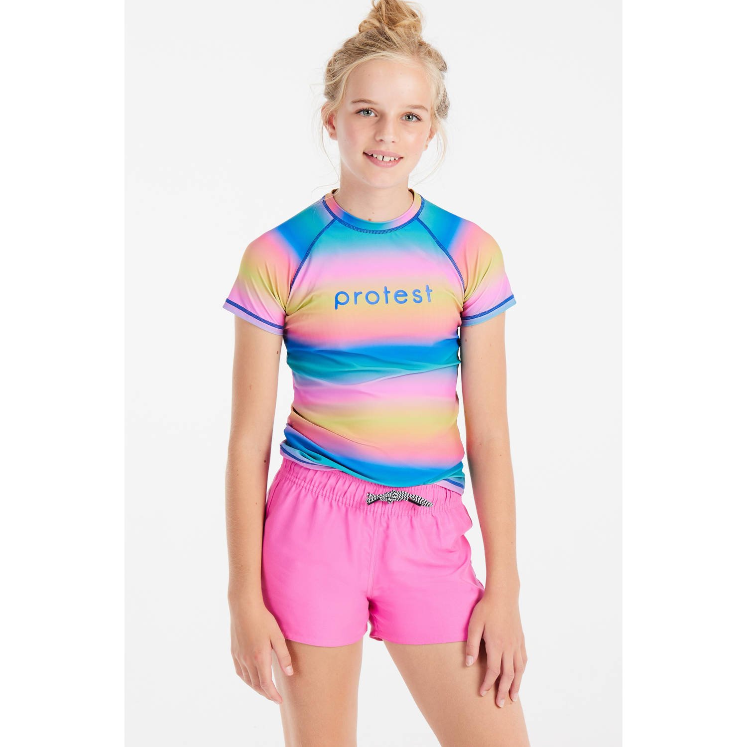 Protest UV T-shirt PRTTICKET JR blauw roze geel