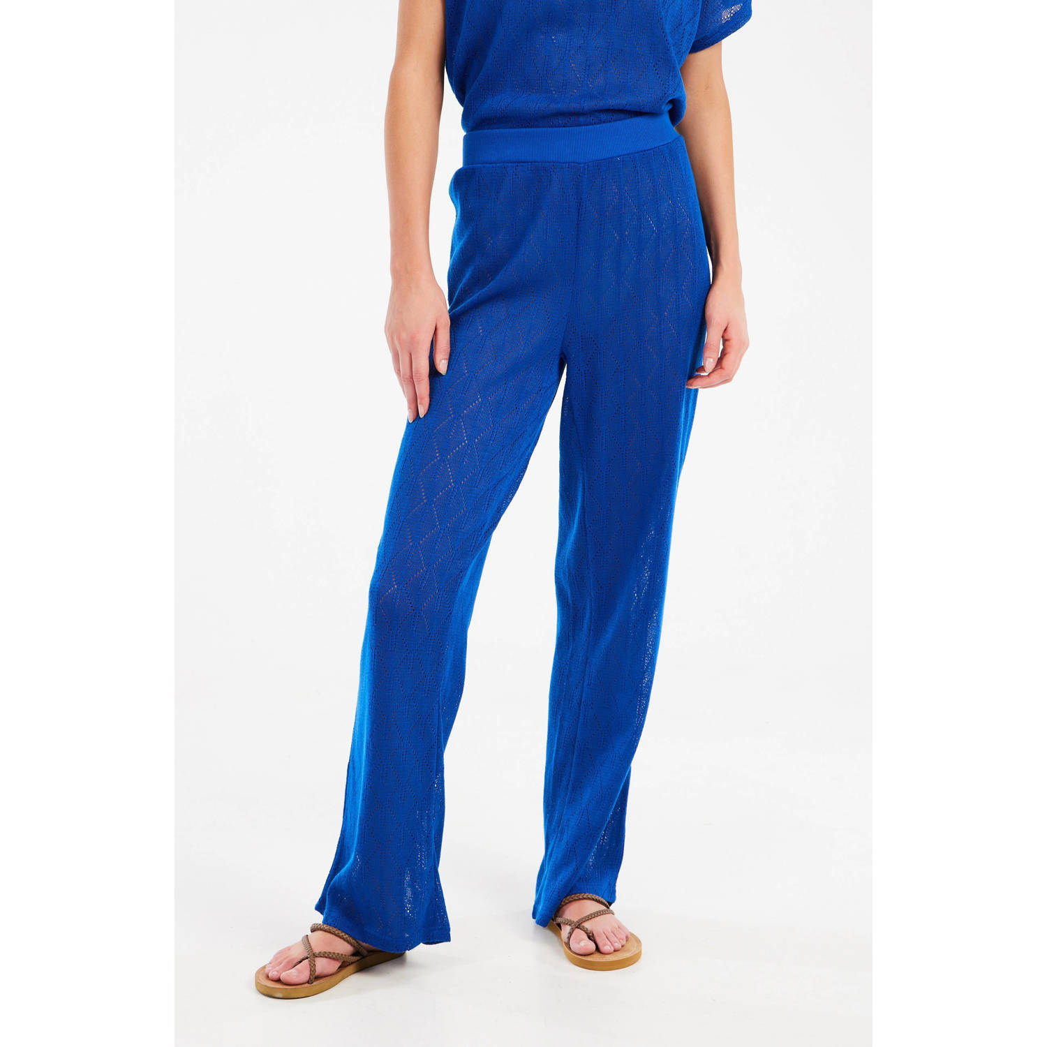 Protest wide leg regular waist broek blauw gebreid