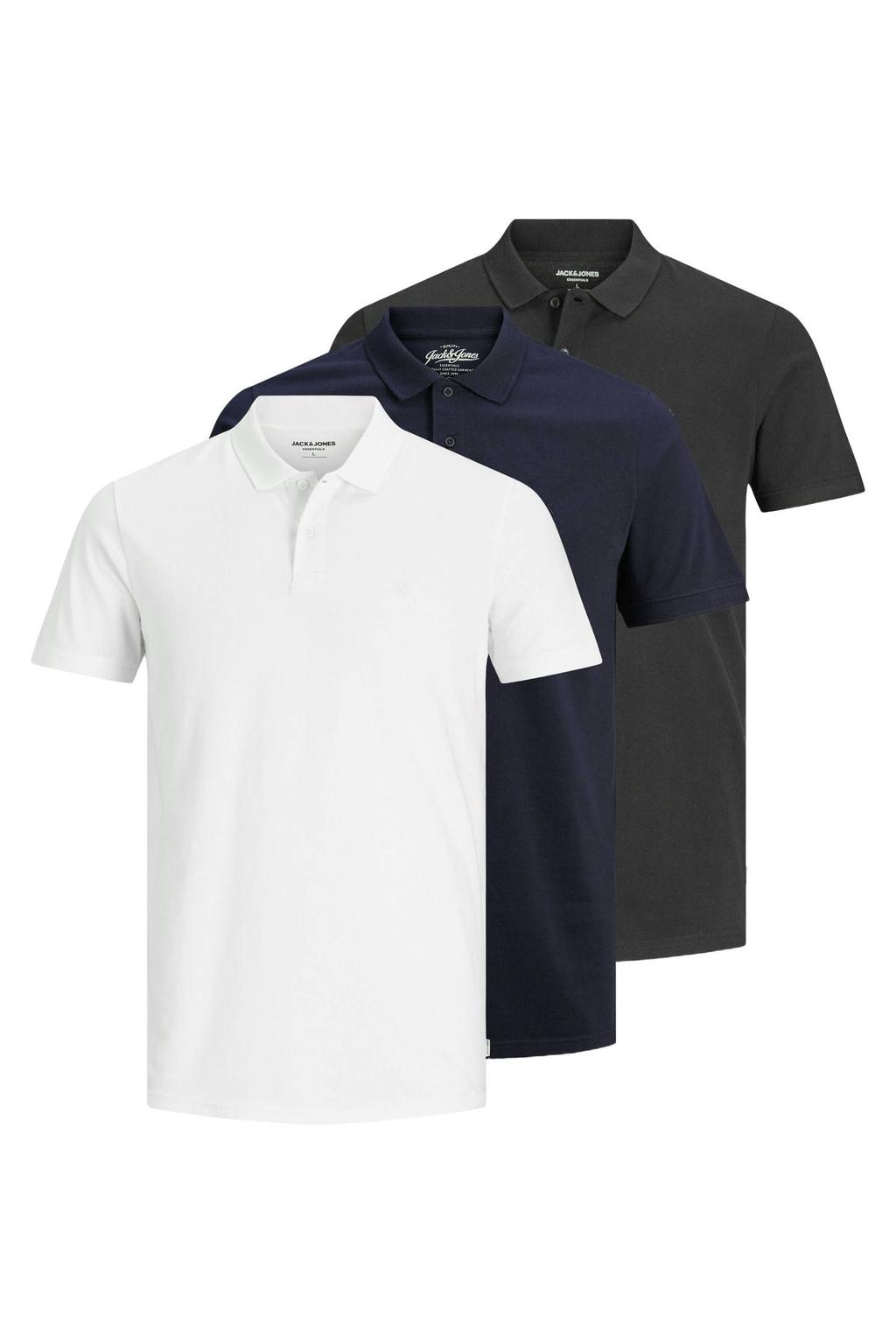Set van 3 donkerblauwe heren JACK & JONES ESSENTIALS slim polo van katoen met effen, korte mouwen en pique