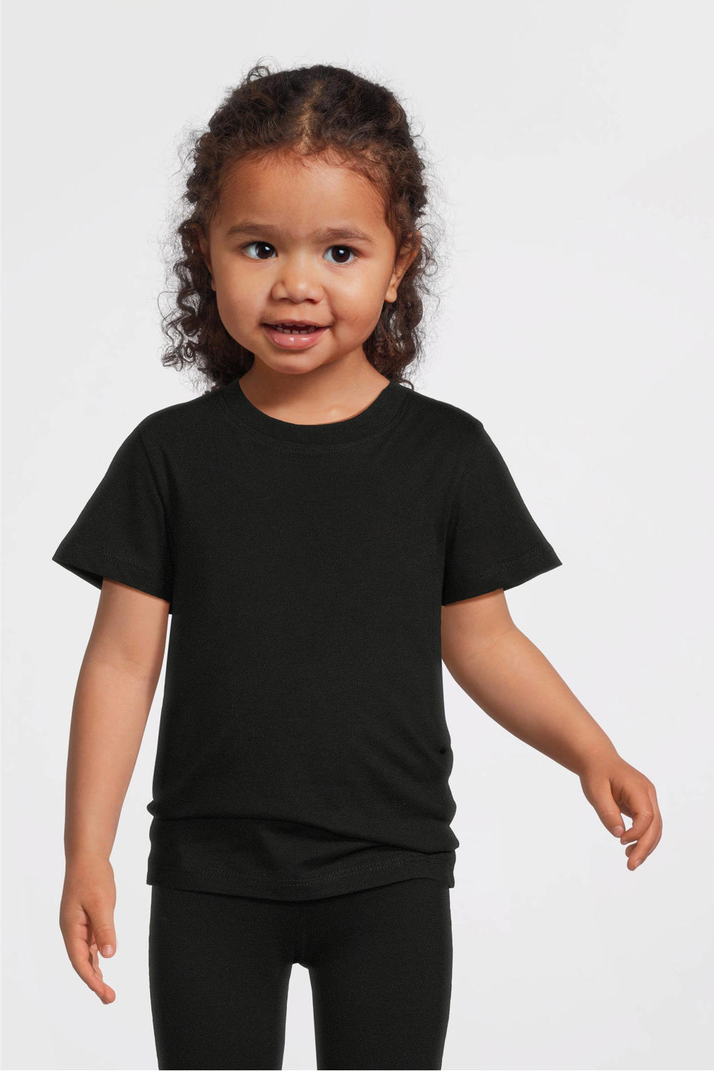 Zwarte meisjes Anytime T-shirt van katoen satijn met effen, korte mouwen en ronde hals