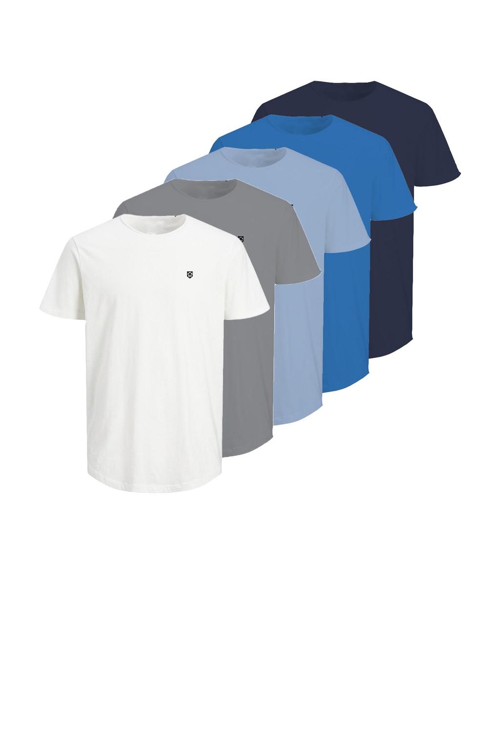 Set van 5 blauwe heren JACK & JONES PREMIUM T-shirt van katoen met logo dessin, korte mouwen, ronde hals en borduursels