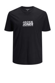 thumbnail: Zwarte heren JACK & JONES PLUS SIZE t-shirt van katoen met printopdruk, korte mouwen en ronde hals