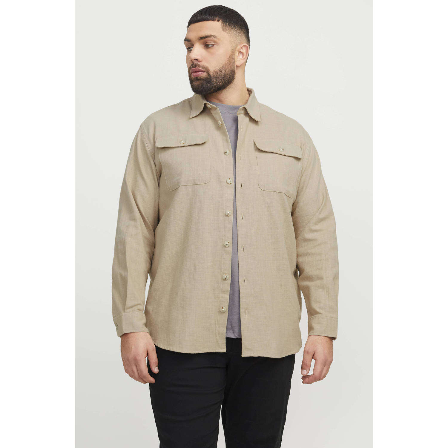 JACK & JONES PLUS SIZE linnen casual overhemd beige