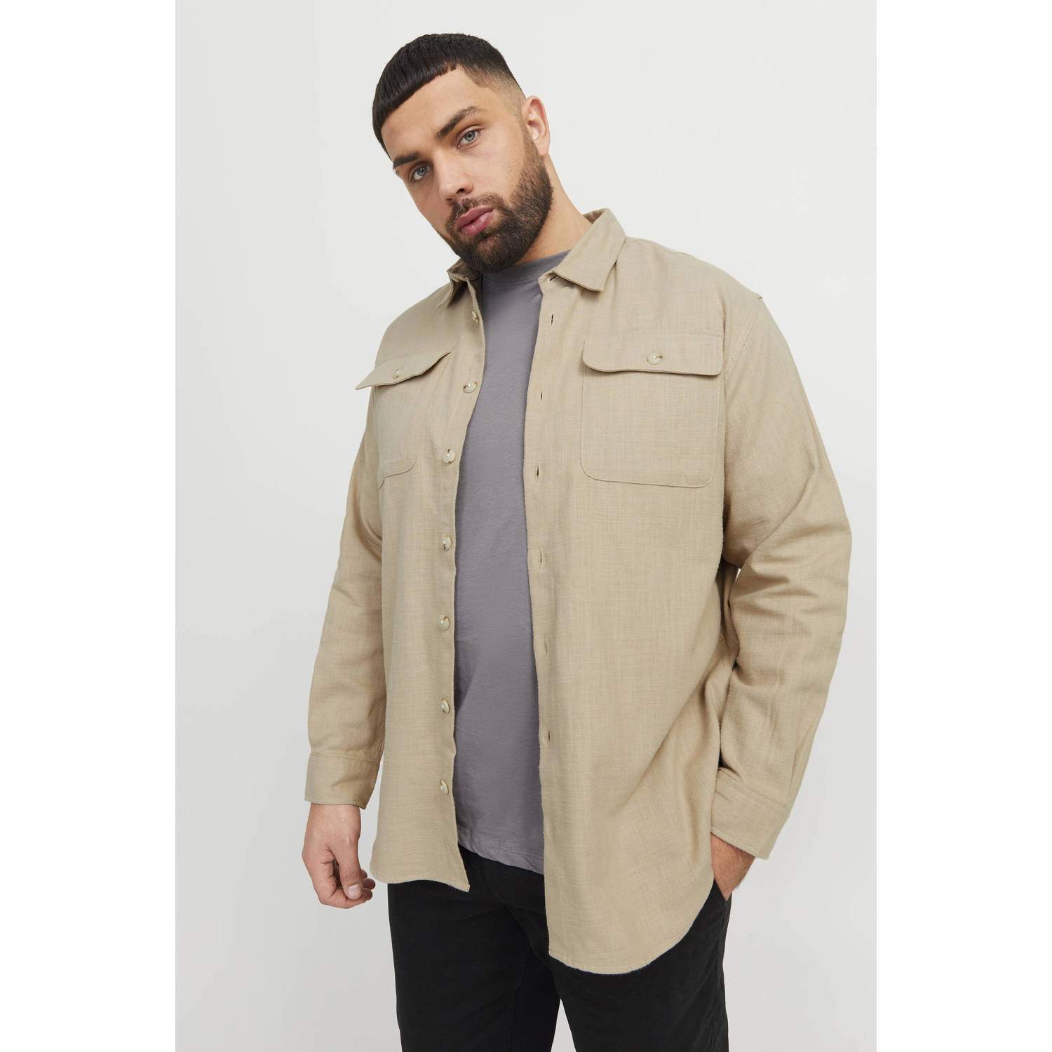 JACK & JONES PLUS SIZE linnen casual overhemd beige