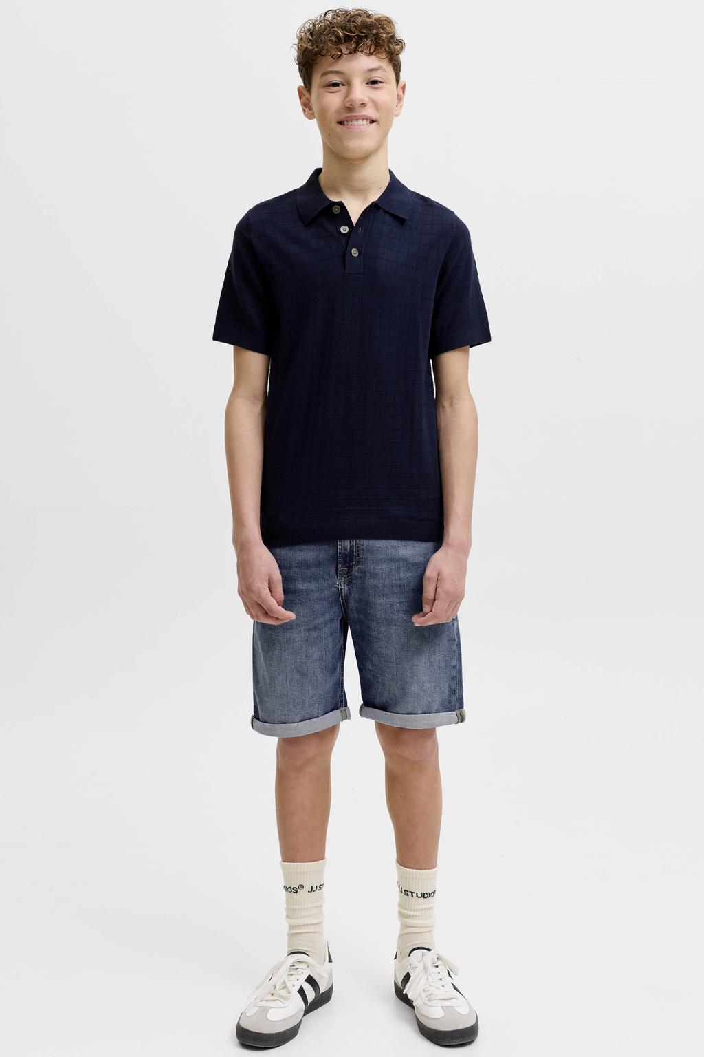 Dark blue denim jongens JACK & JONES JUNIOR regular short dark blue van stretchkatoen met rits- en knoopsluiting en effen