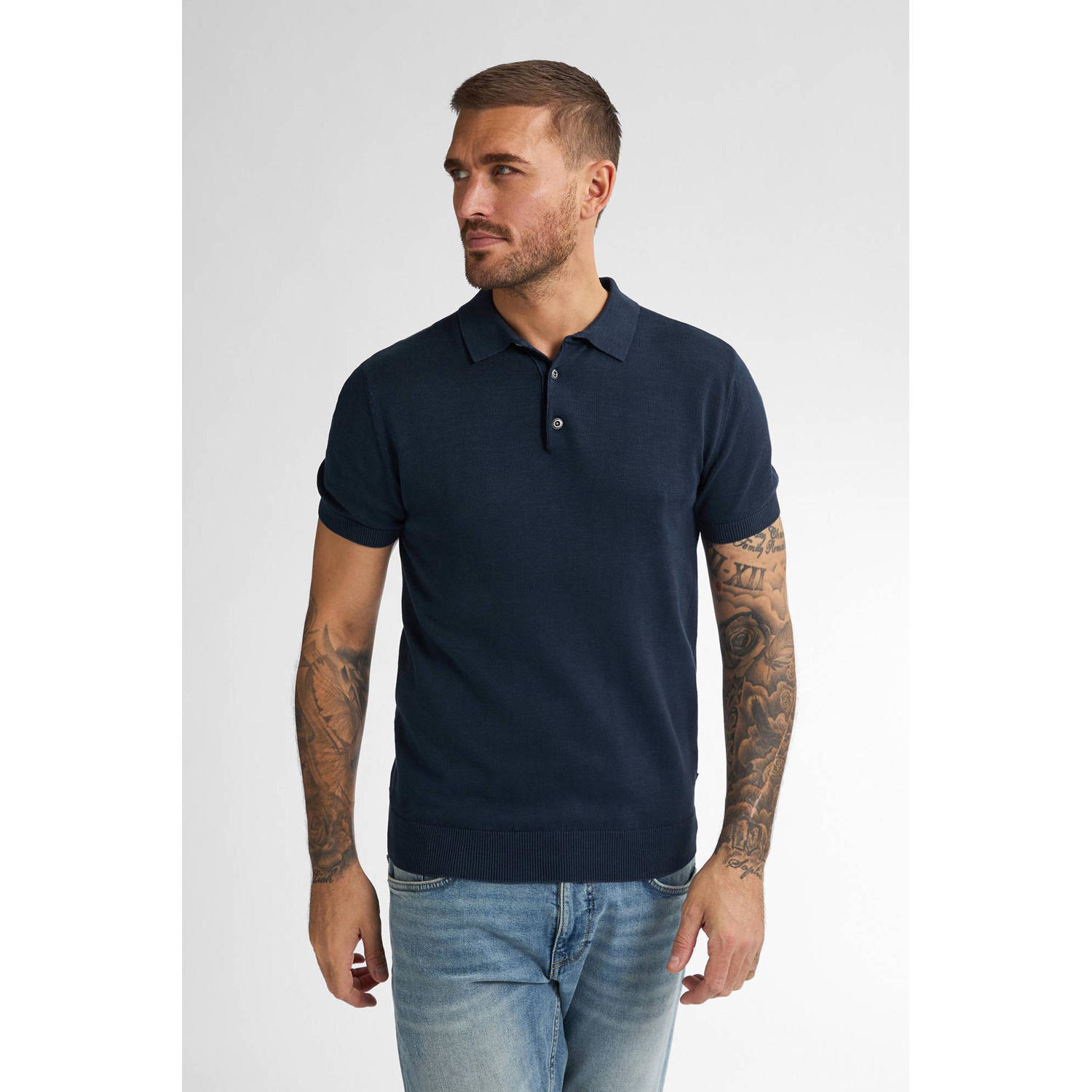 Petrol Industries regular polo fijn gebreid donkerblauw