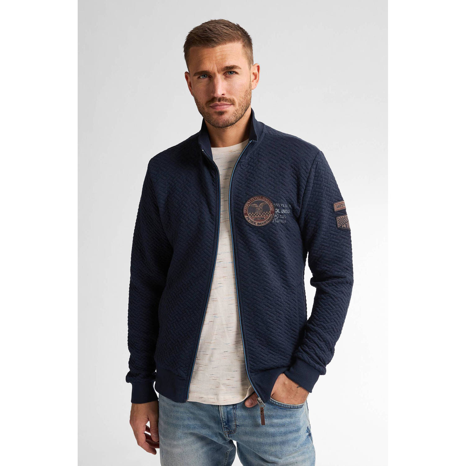 Petrol Industries sweatvest met ingebreid patroon donkerblauw