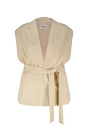 thumbnail: Beige dames MS Mode gilet van polyester met effen, openvallende hals en ceintuur