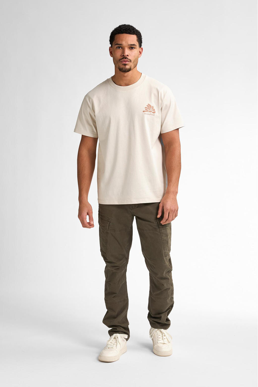 Ecru heren Petrol Industries T-shirt van katoen met backprint, korte mouwen en ronde hals