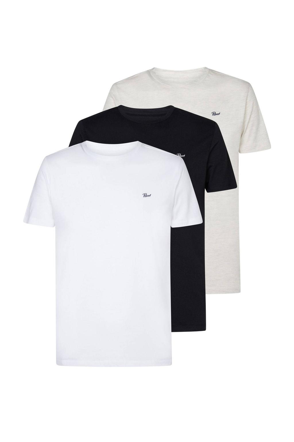 Set van 3 wit, zwart en ecru heren Petrol Industries T-shirt van katoen met effen, korte mouwen en ronde hals