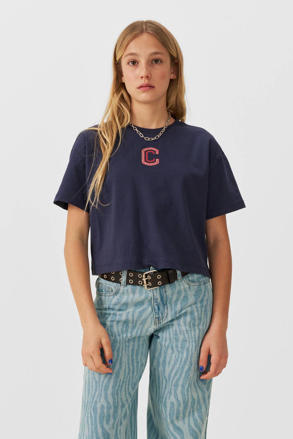 Donkerblauwe meisjes Coolcat T-shirt Zhara glitters van katoen met printopdruk, korte mouwen en ronde hals