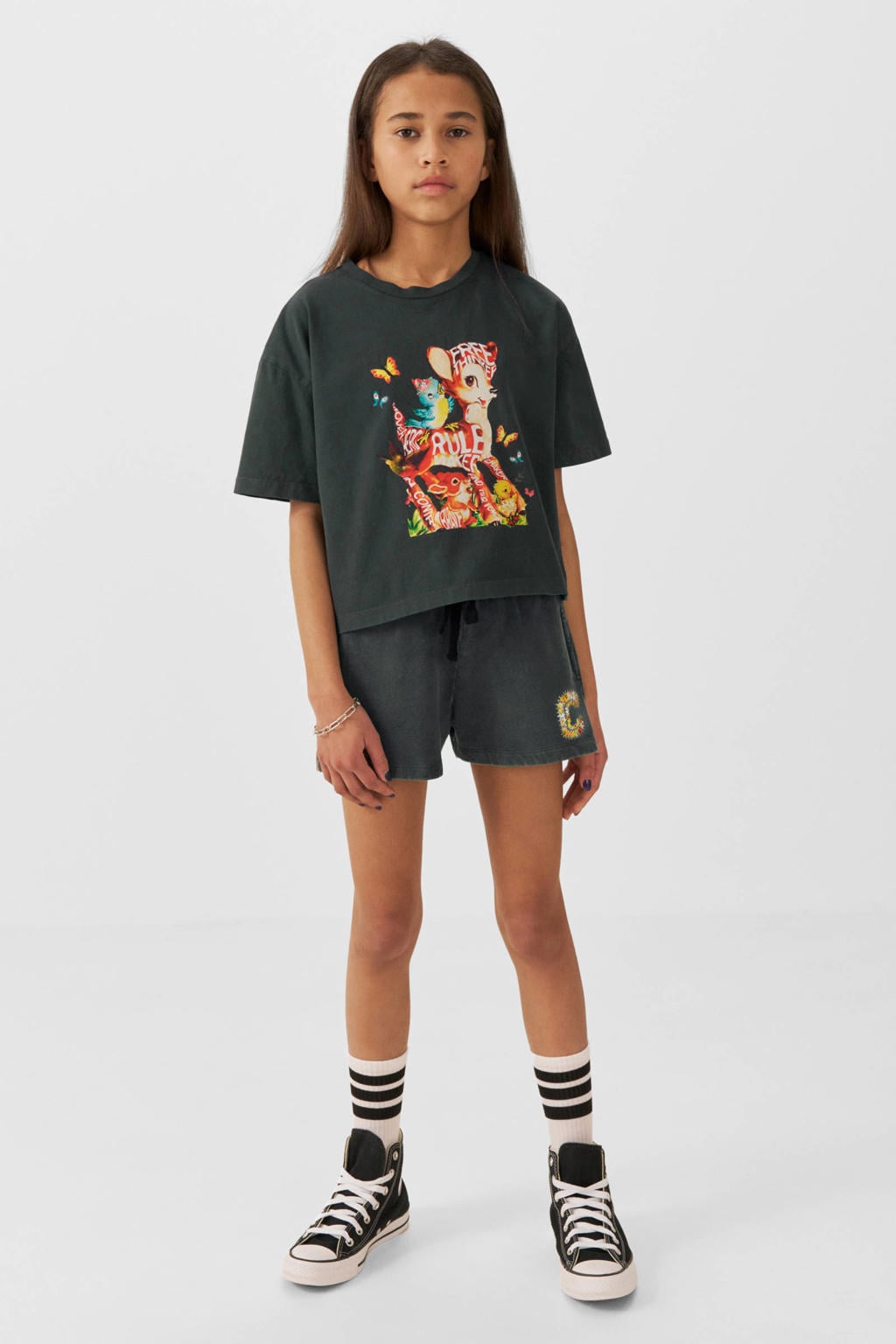 Grijze meisjes Coolcat korte broek Steffie van katoen met elastische tailleband met koord en printopdruk
