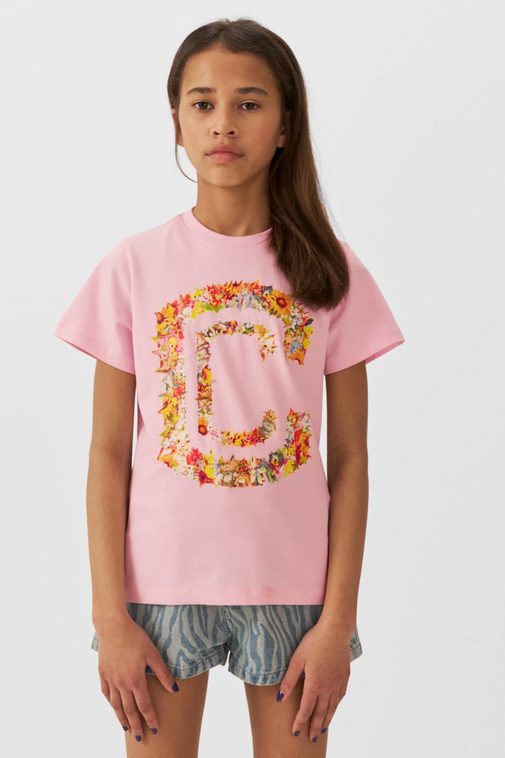 Roze meisjes Coolcat T-shirt Cara van katoen met printopdruk, korte mouwen en ronde hals