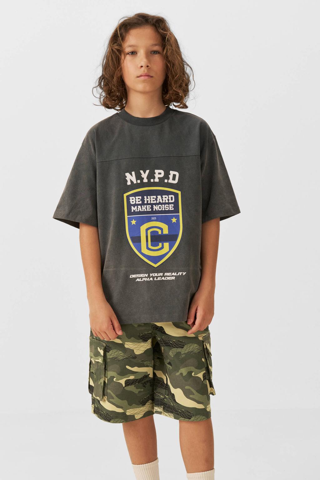 Grijze jongens Coolcat oversized T-shirt Royce van katoen met printopdruk, korte mouwen en ronde hals