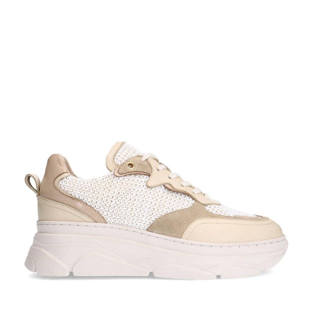 Beige dames Sacha chunky leren sneakers met veters