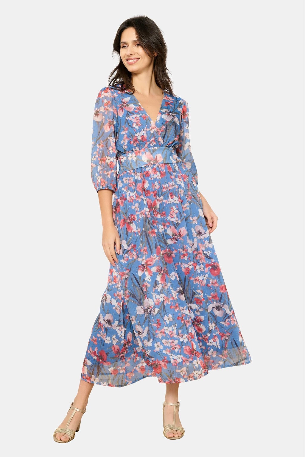 Blauwe dames LOLALIZA midi jurk van polyester met bloemenprint, half lange mouwen, V-hals, elastische inzet en glitters