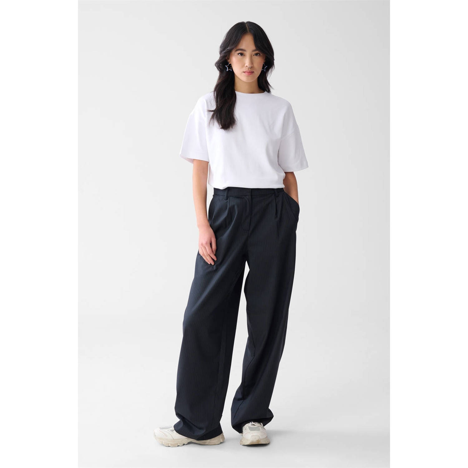 Shoeby wide leg regular waist broek donkerblauw