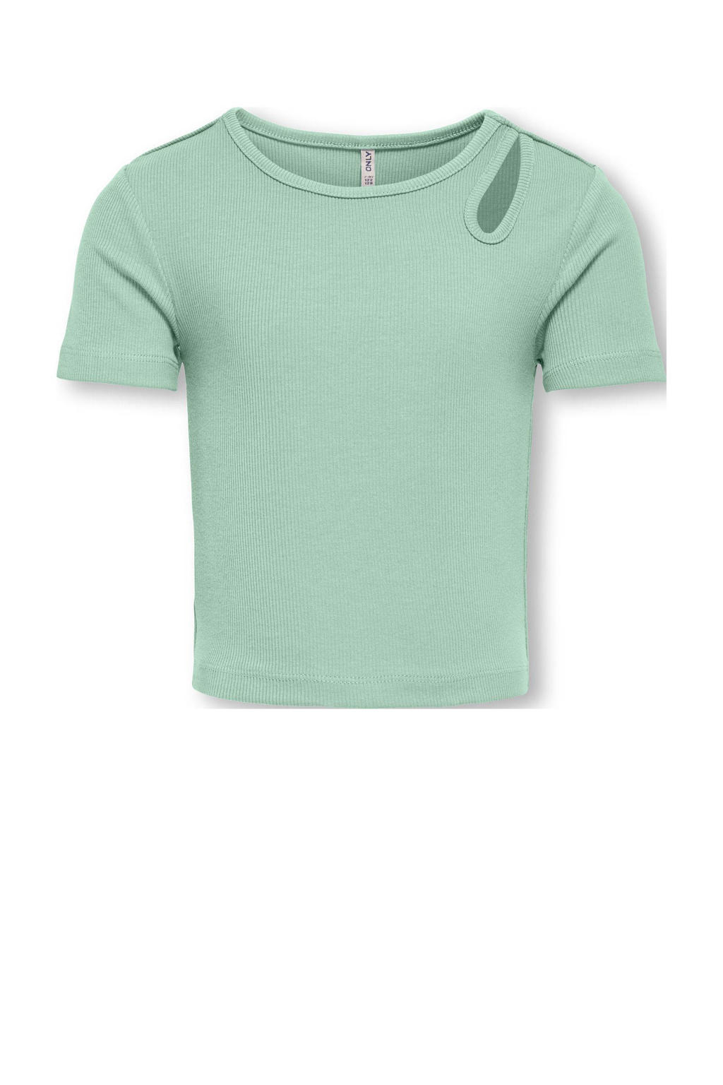 Lichtgroene meisjes KIDS ONLY GIRL cropped top met effen, korte mouwen en ronde hals